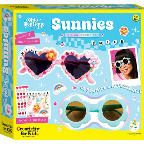 Chic Boutique Sunnies DIY kit with flower and heart-shaped sunglasses, rhinestones, pearls, and charms for kids.