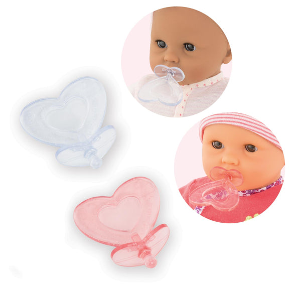 Pacifiers Set with 2 heart-shaped pacifiers in pink and grey for soothing 12-inch mon premier poupon Corolle dolls.