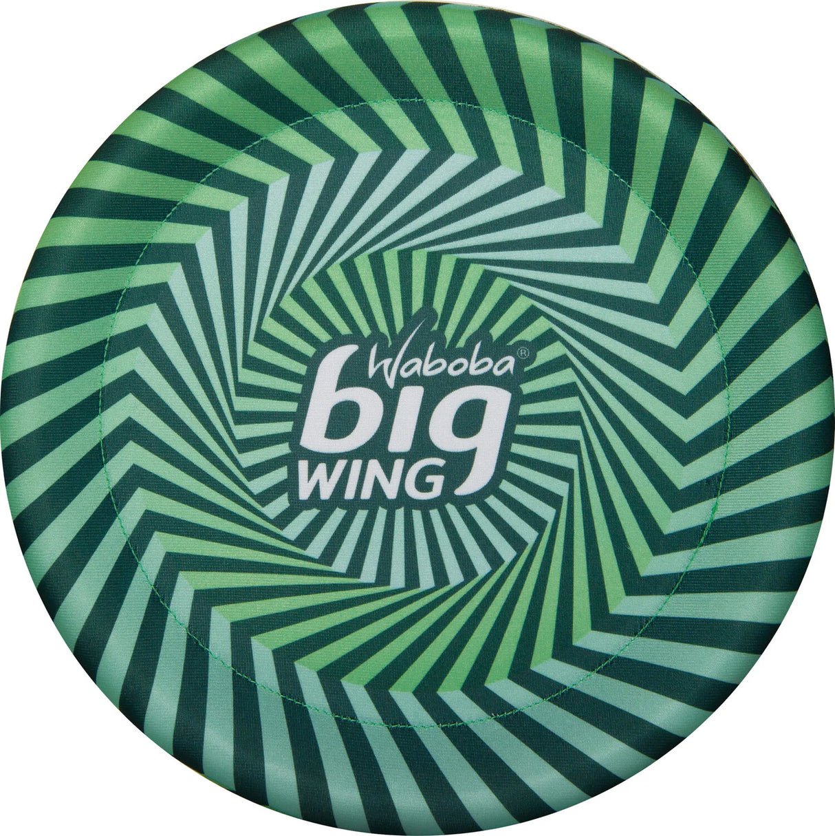 Green and black spiral fabric covered disc with Waboba Big Wing logo in center, lightweight and easy to catch.