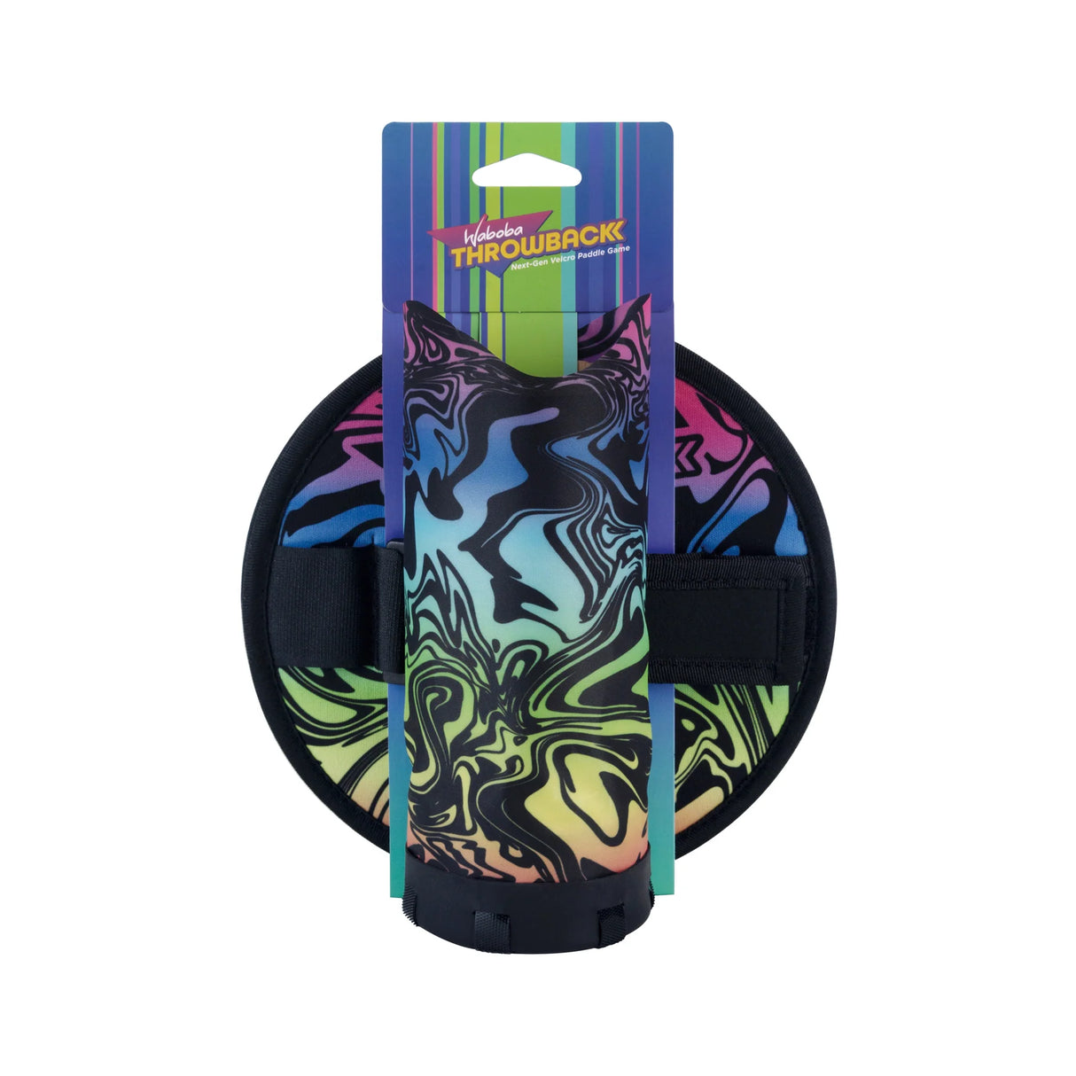 Waboba Throwback set with colorful non-plastic velcro paddles and AIRLYFT glider for classic paddle game fun.