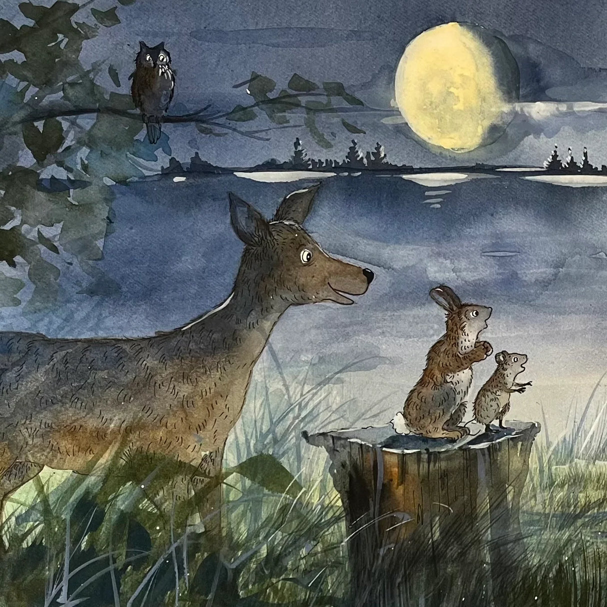 The Moon Over Malibu Maine watercolor shows a deer, owl, rabbit, and mouse under a glowing full moon.