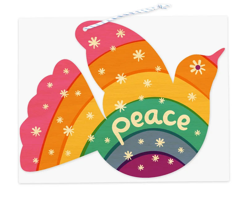 Rainbow Dove Wood Ornament Card with colorful rainbow design and peace lettering on sustainably-harvested birch wood ornament.