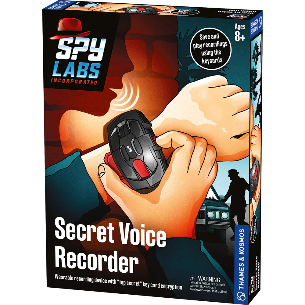 Spy Labs Secret Voice Recorder wearable device shown on wrist with key card encryption for secure recordings.