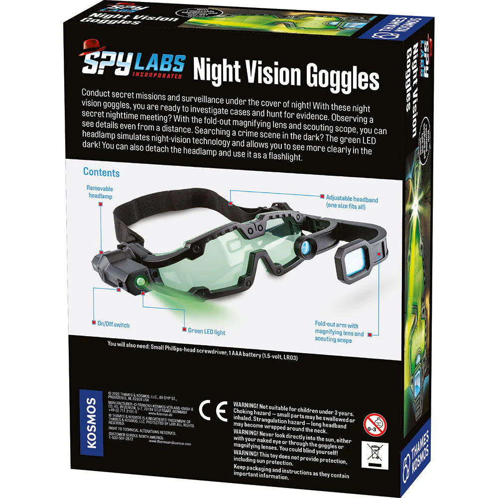 Spy Labs Night Vision Goggles with fold-out magnifying lenses, green LED light, and detachable flashlight for night missions.