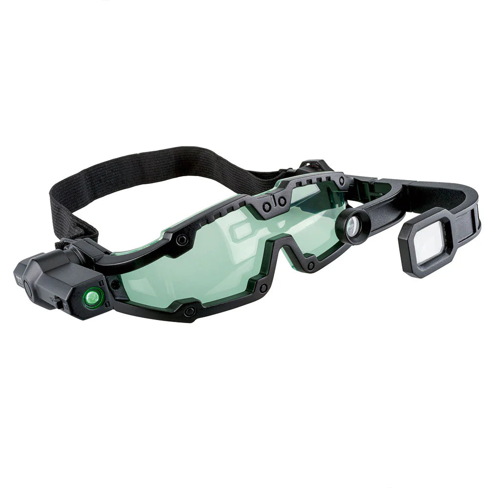 Spy Labs Night Vision Goggles with fold-out magnifying lens, scouting scope, and detachable green LED flashlight for night missions.