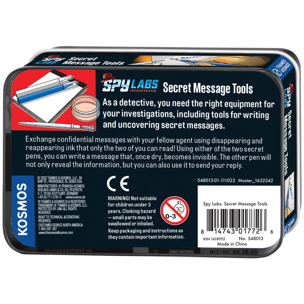 Spy Labs Secret Message Tools metal tin with invisible ink pens for writing and revealing secret messages.