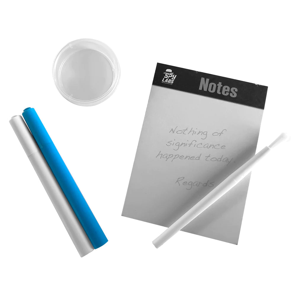 Spy Labs Secret Message Tools with invisible ink pens and a note pad for writing and revealing secret messages.