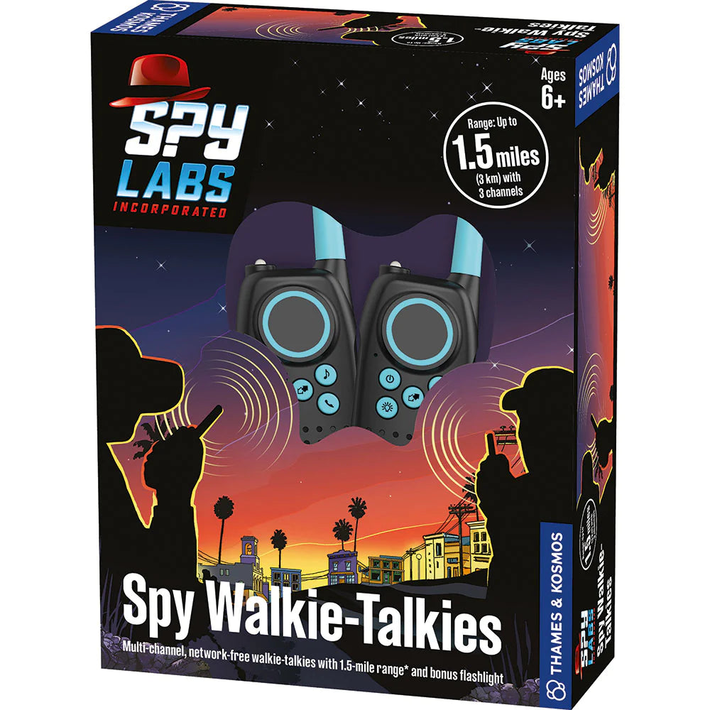 Spy Labs Spy Walkie Talkies with 1.5-mile range, three channels, and flashlight, perfect for secret agent play for ages 6 and up.