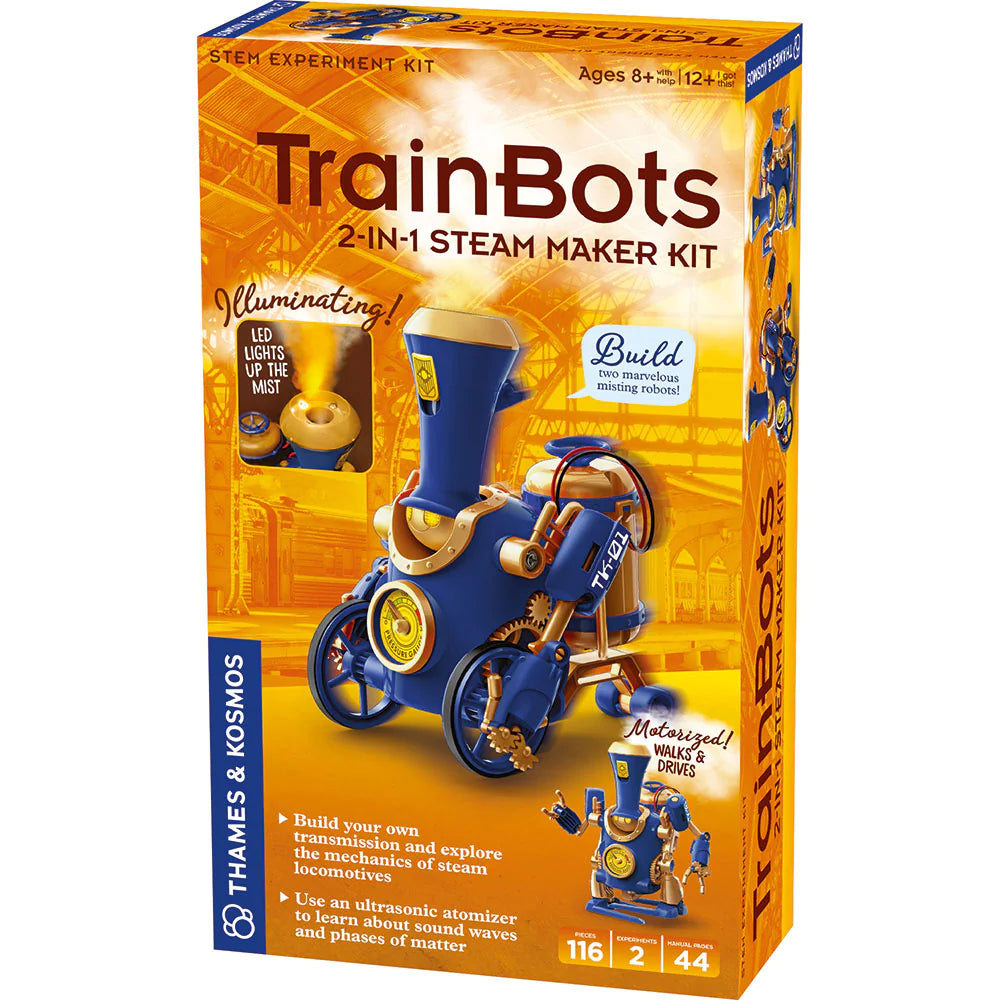 TrainBots: 2-in-1 Steam Maker Kit box showing steampunk train robot with steam effects and LED lights.