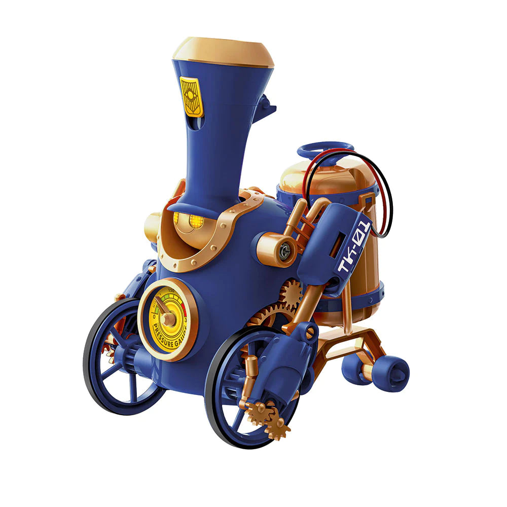 TrainBots: 2-in-1 Steam Maker Kit showing steampunk-style blue and copper rolling train robot with gears and chimney.