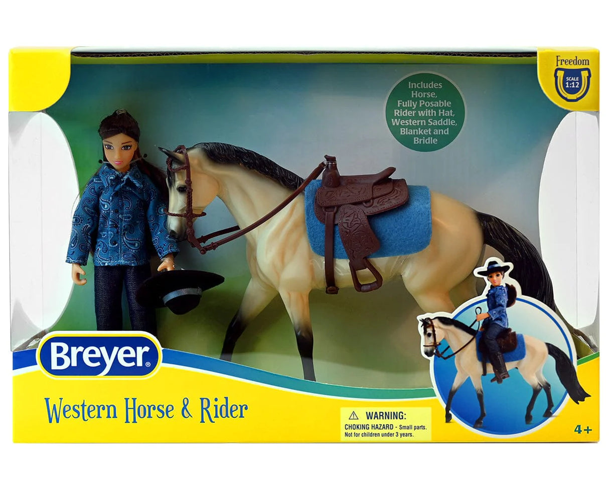 Western Horse & Rider with articulated rider in blue jacket and buckskin horse with Western saddle set in box.