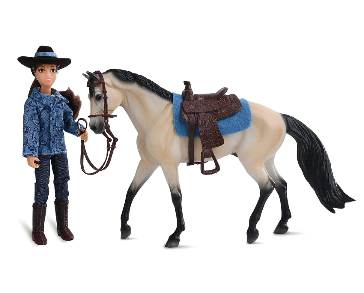 Western Horse & Rider with articulated rider, buckskin horse, saddle pad, Western saddle, and bridle toy set.