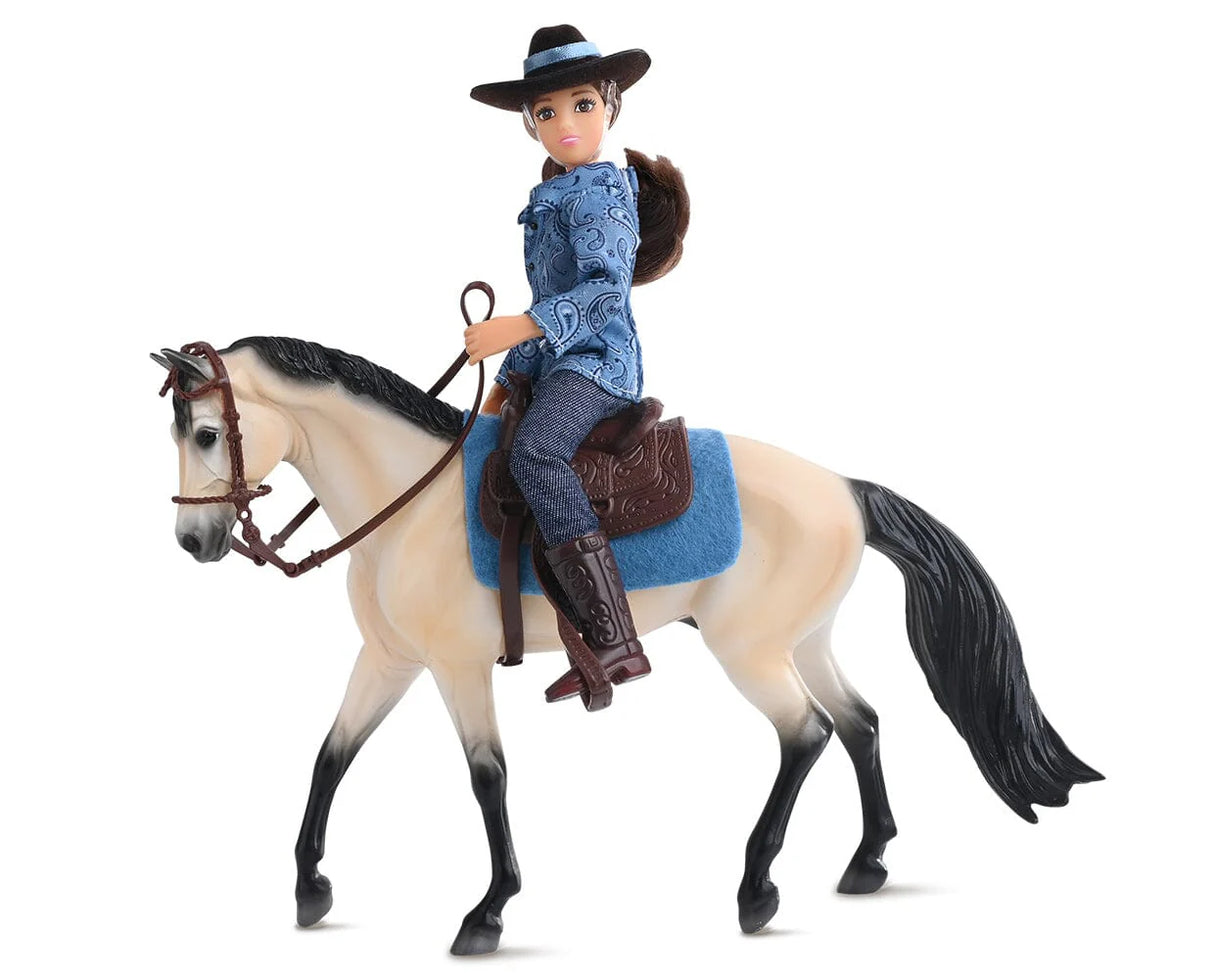 Western Horse & Rider toy with articulated rider, buckskin horse, blue saddle pad, Western saddle, and bridle.