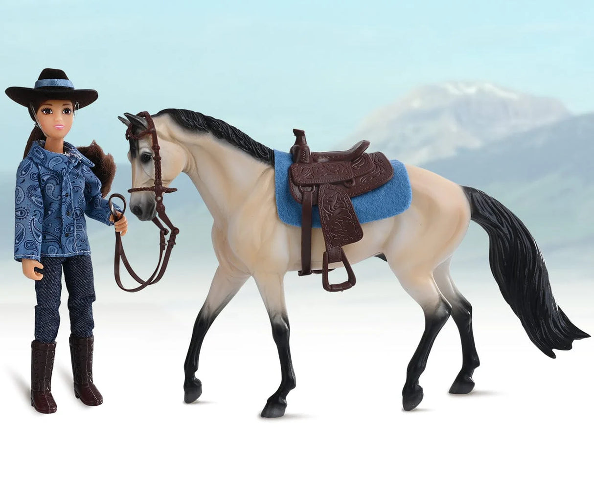 Western Horse & Rider toy with articulated rider, buckskin horse, Western saddle, and bridle for imaginative play.