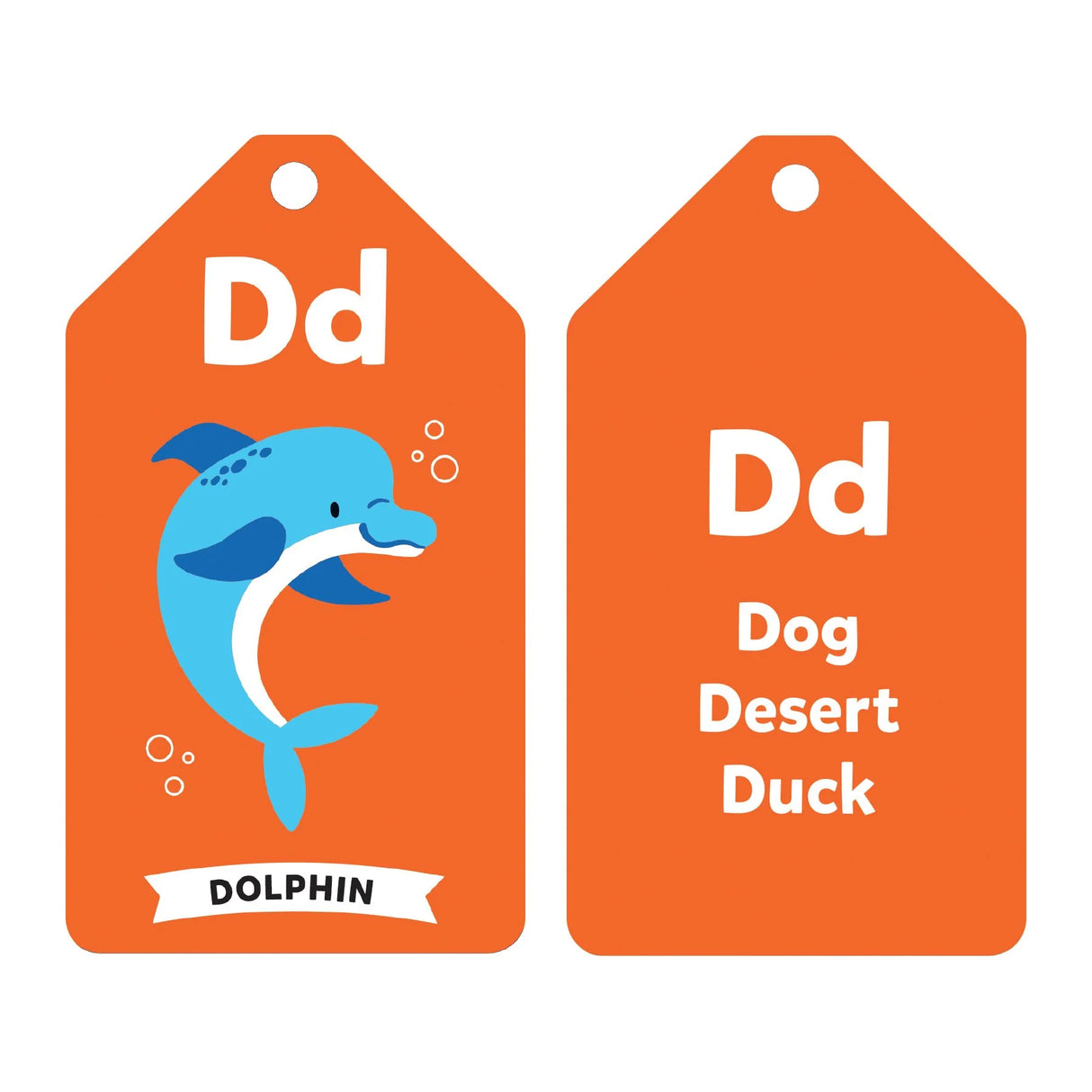 ABC Wildlife Flash Cards showing a blue dolphin illustration with letter Dd and related words Dog, Desert, Duck.