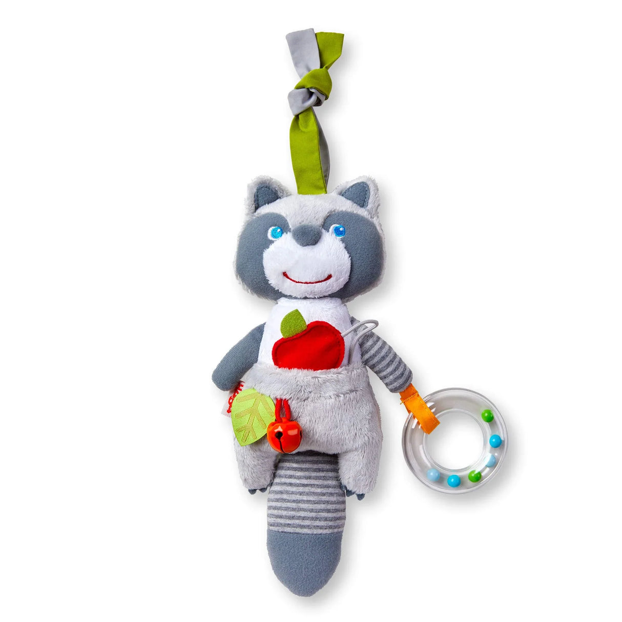 Willie Raccoon Hanging Toy with smiling raccoon, jingly bell, squeaky tail, and rattle ring for sensory play.