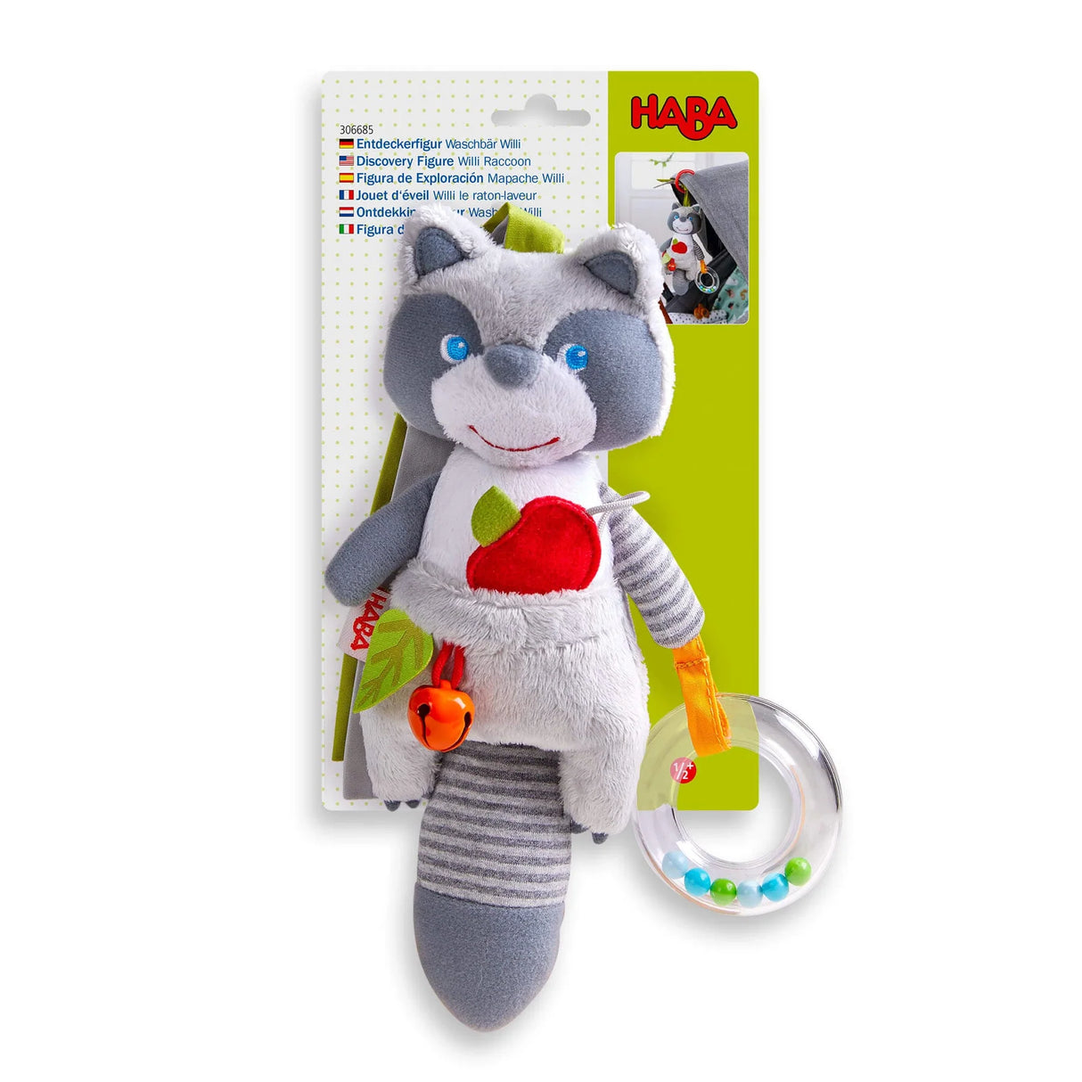 Willie Raccoon Hanging Toy with textured fabrics, rattling ring, squeaky tail, and jingly bell for sensory play.