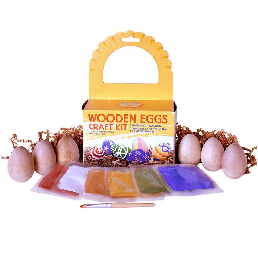 Wooden Eggs Craft Kit with six natural wooden eggs, six colorful paint packets, and a bamboo paintbrush for spring crafts.