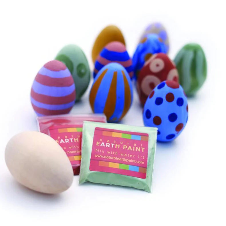 Wooden Eggs Craft Kit with hand-painted colorful wooden eggs and Natural Earth Paint packets for spring crafts.