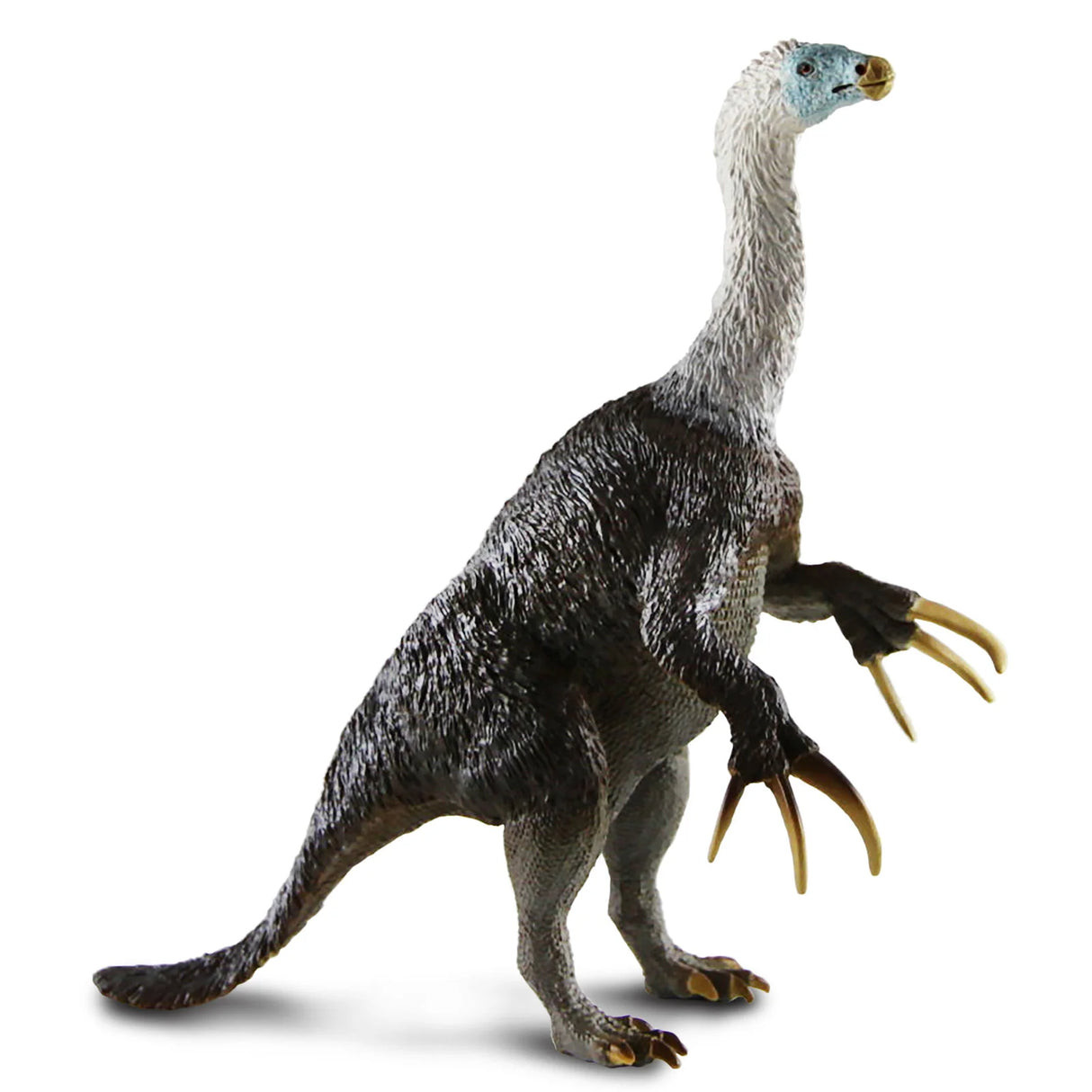 Therizinosaurus toy with detailed feathers, plump body, and large claws, measuring 7.09" L x 3.35" W x 6.89" H.