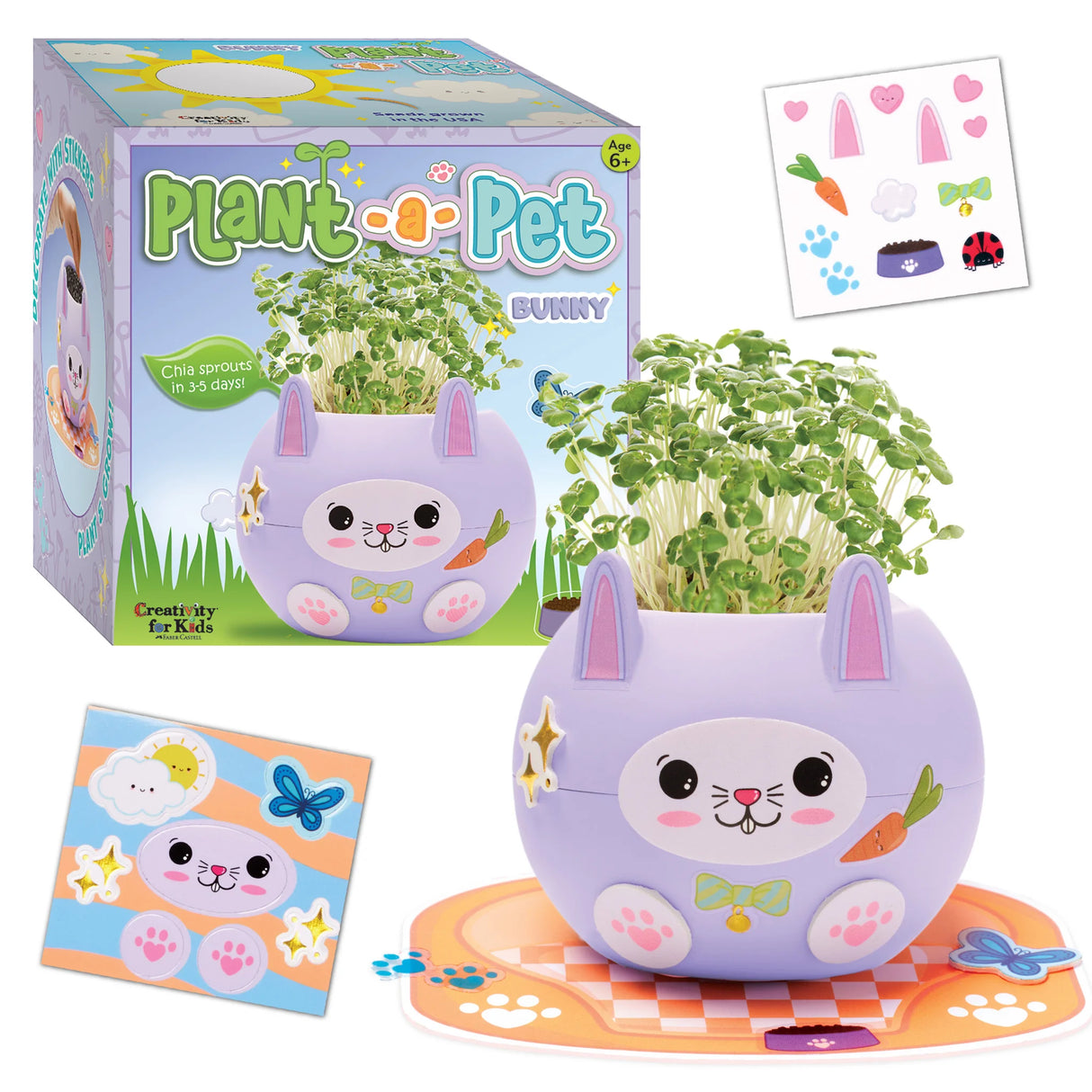 Plant A Pet Bunny indoor garden kit with cute purple bunny planter, chia sprouts, stickers, and decorating accessories for kids.