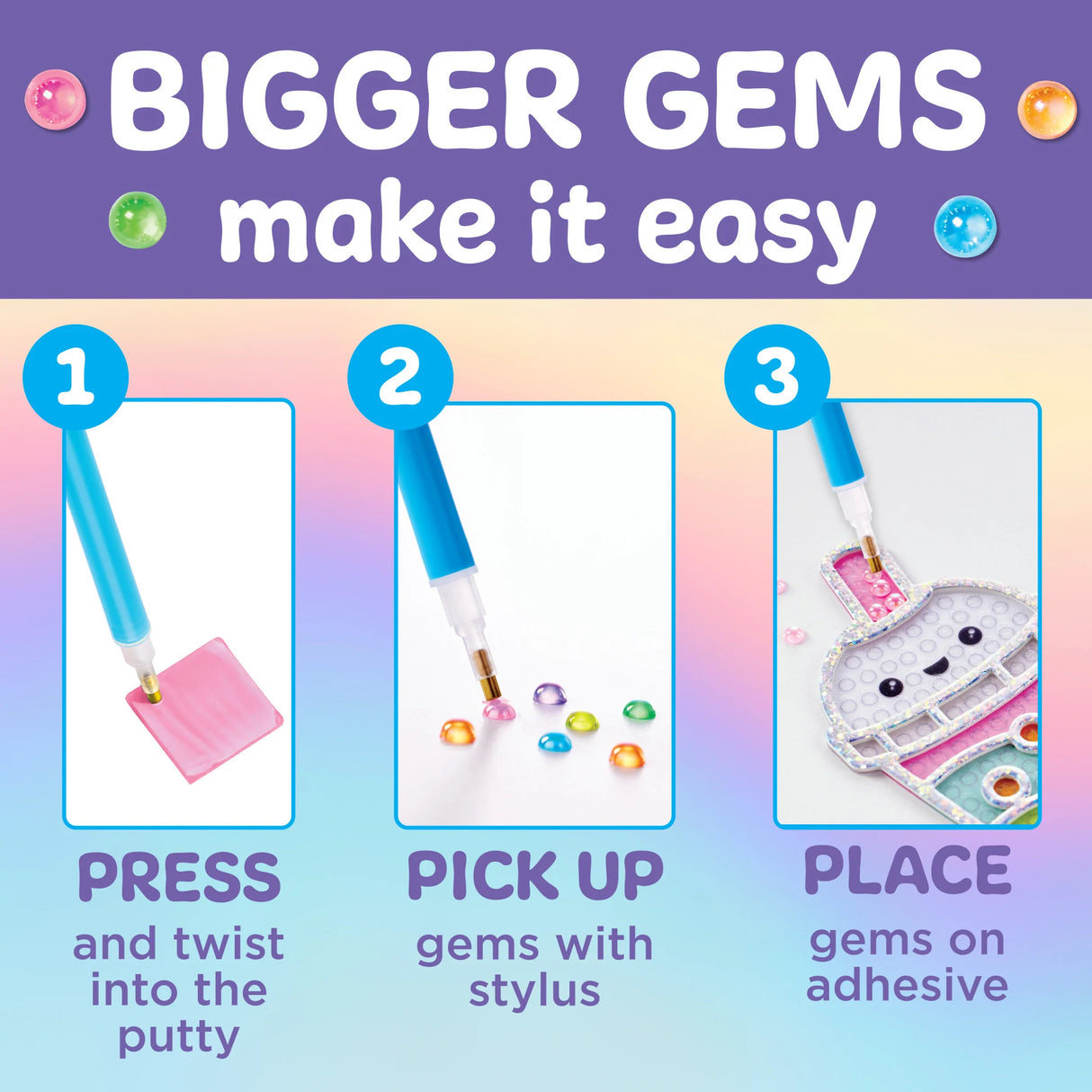 Bubble Gems Super Sticker Bubble Tea showing easy 3 step process with bigger gems for kids diamond art sticker craft.