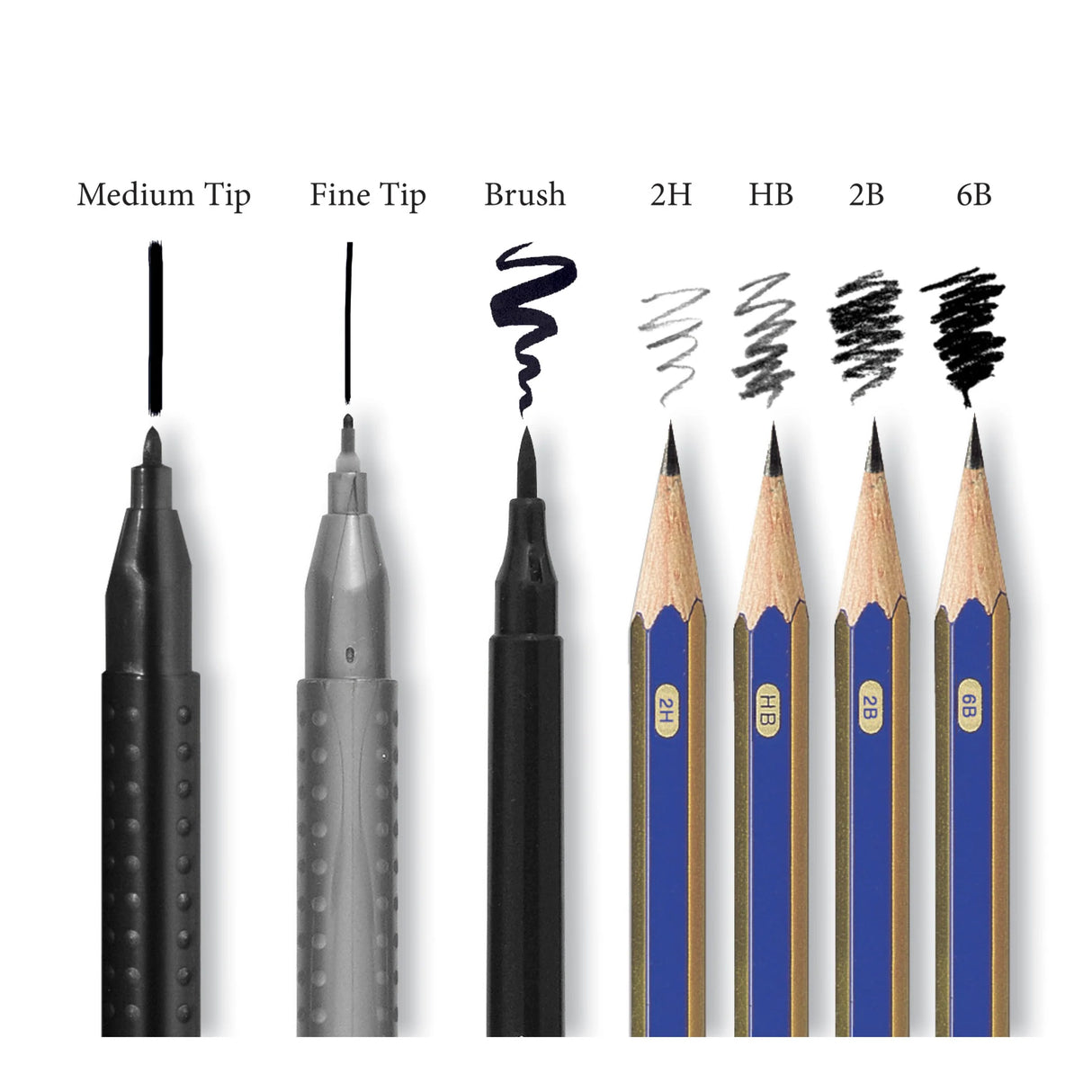 Do Art: Drawing & Sketching showing markers and graphite pencils with various tip sizes and shading examples.