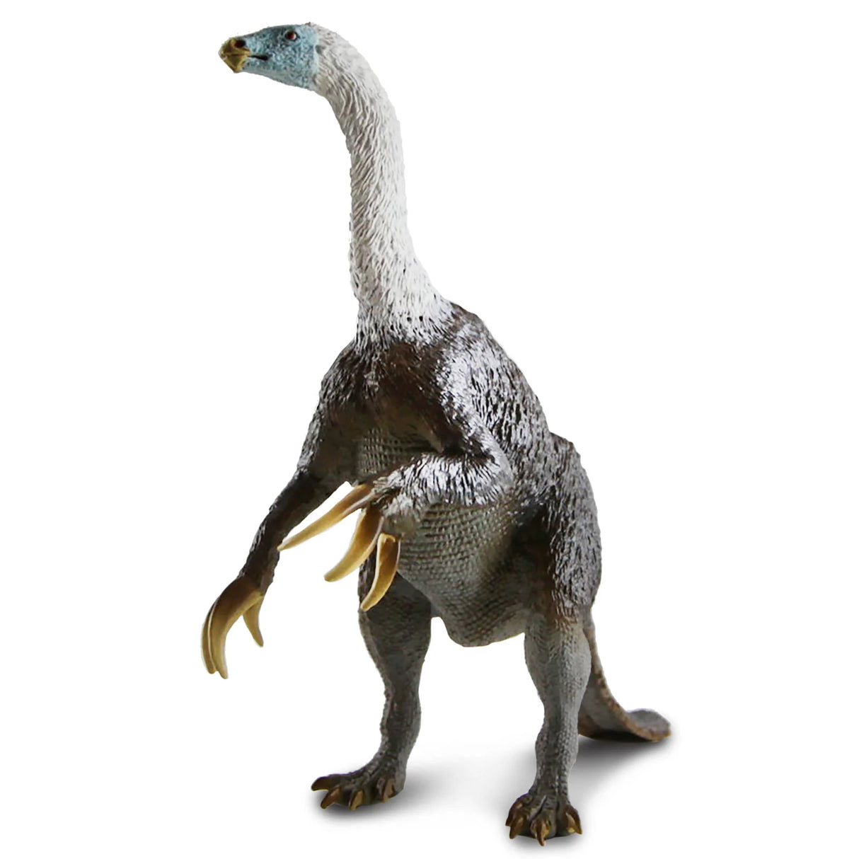 Therizinosaurus toy figure with detailed feathers, long neck, plump body, and oversized claws, perfect for dinosaur collectors.