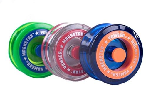 Three colorful Yomega Magnetar yoyos with transparent bodies and vibrant central caps lined up side by side