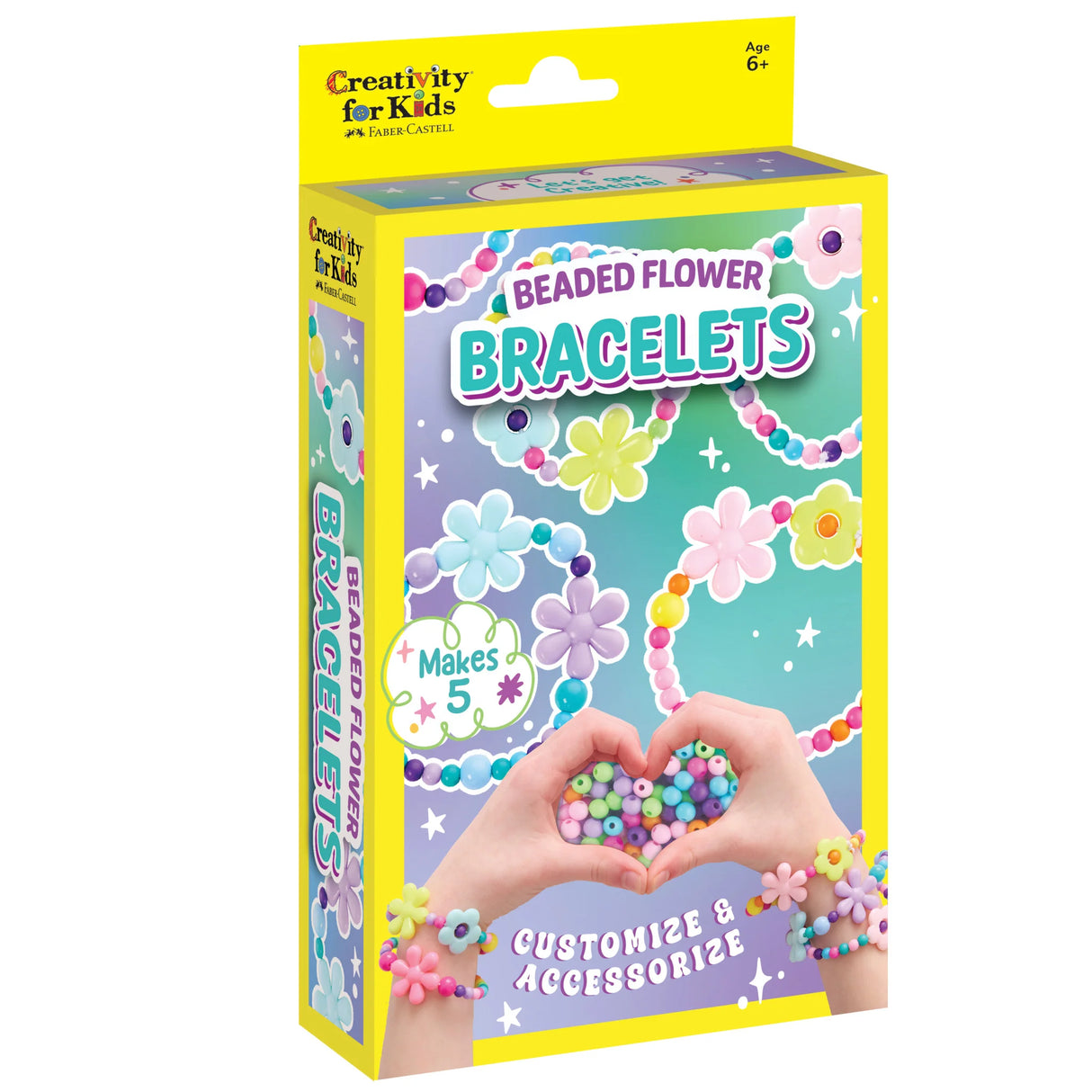 Colorful beaded flower bracelet kit for kids with beads, elastic string, and instructions to make five unique bracelets.
