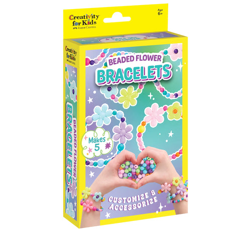 Colorful beaded flower bracelet kit for kids with beads, elastic string, and instructions to make five unique bracelets.