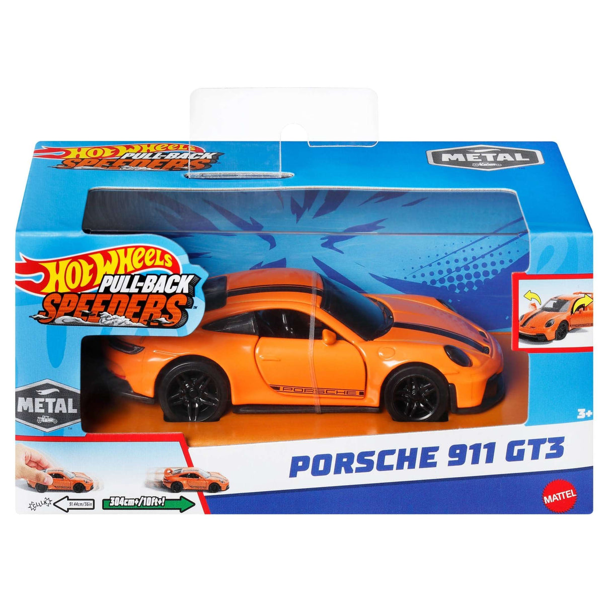 Hot Wheels Pullback Speeders orange Porsche 911 GT3 die-cast car with pullback action in packaging.