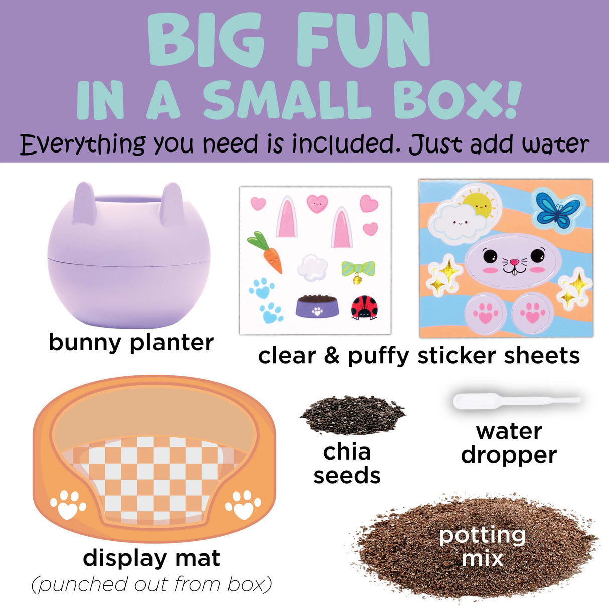 Plant A Pet Bunny kit components including bunny planter, sticker sheets, chia seeds, potting mix, water dropper, and display mat.