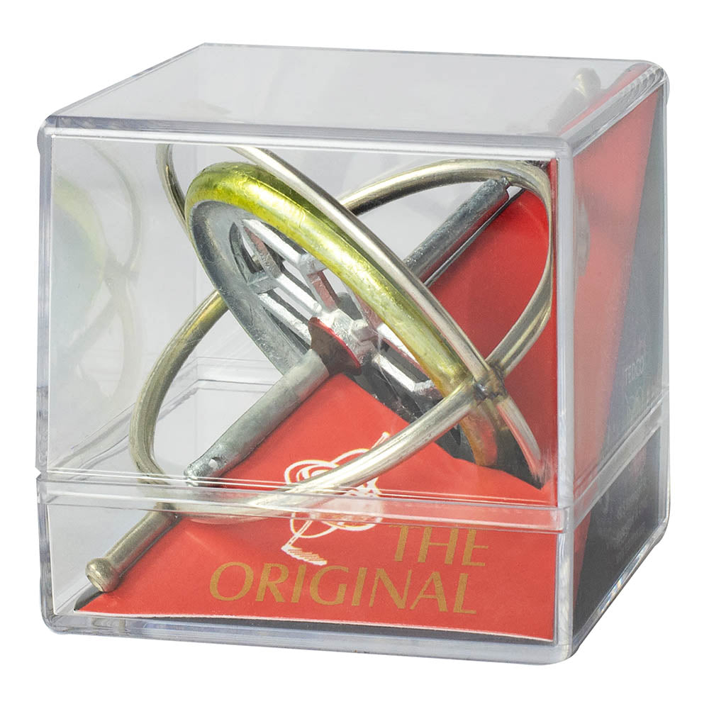 The Original Gyroscope in a clear plastic case showcasing its metal rings and red base for educational play.