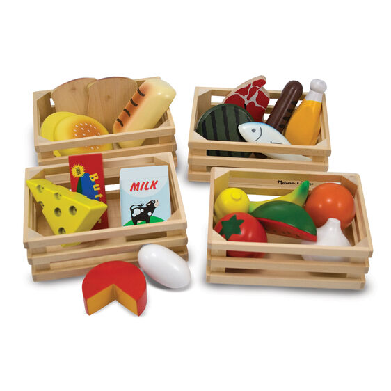 Food Groups wooden play food set with fruits, vegetables, dairy, protein, and grains in four wooden crates.
