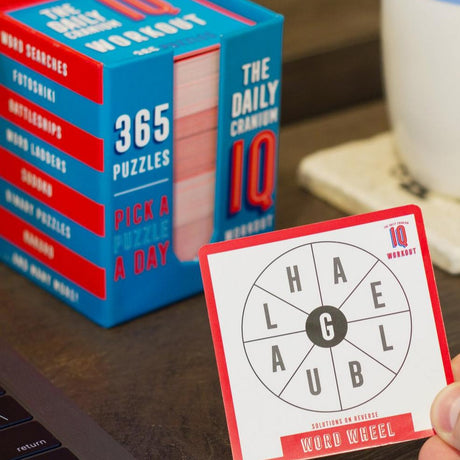 Puzzle A Day 365 daily challenge cards featuring brainteasers like word wheel and Sudoku for kids over 8.