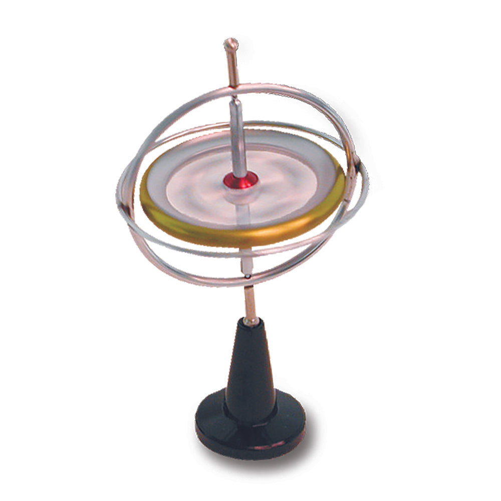 The Original Gyroscope spinning toy demonstrating gyroscopic inertia and balance on a black stand.