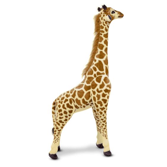 Giraffe BIG plush toy over 4 feet tall with lifelike markings, soft fabric, and realistic details for nursery decor.