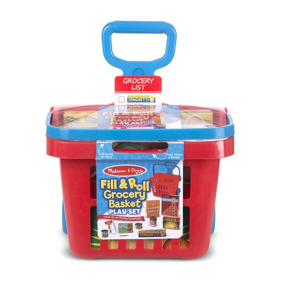 Fill & Roll Grocery Basket with handle, reusable shopping list, and play food boxes and cans for kids.