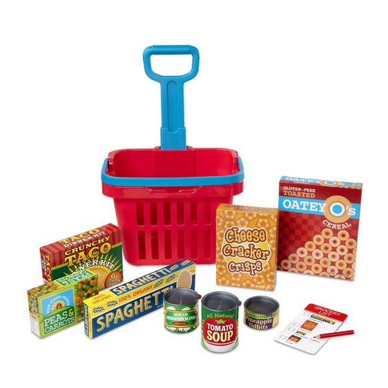 Fill & Roll Grocery Basket with play food boxes, cans, rolling handle, and reusable shopping list for kids ages 3 and up.