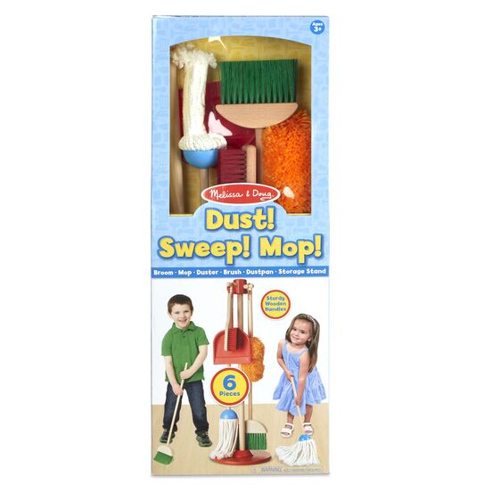 Dust Sweep & Mop Set six-piece kids cleaning play set with broom, mop, duster, dustpan, brush, and storage stand.
