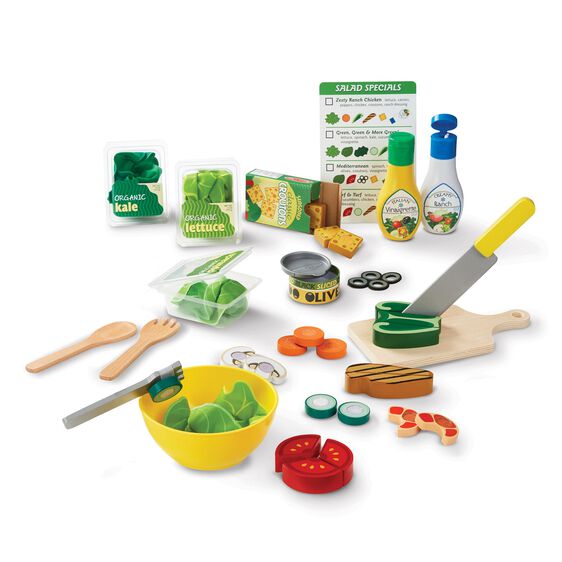 Slice & Toss Salad wooden and felt play food set with vegetables, proteins, utensils, and salad dressings for kids' pretend play.