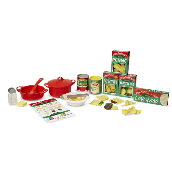 Prepare & Serve Pasta Set with felt pasta, sauce jars, cooking pot, colander, pasta spoon, bowl, fork, and illustrated cooking guide.