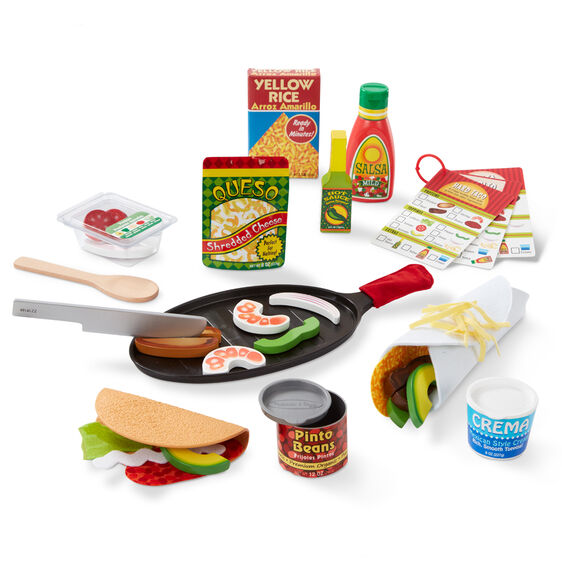 Taco & Torilla Set with wooden skillet, sliceable ingredients, felt tortilla, taco shell, and play food toppings.