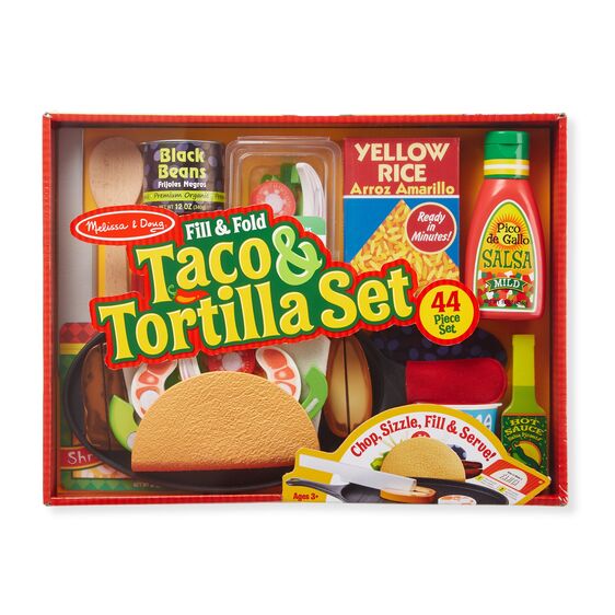 Taco & Tortilla Set with play food, wooden utensils, skillet, felt tortillas, toppings, and recipe cards for pretend Tex-Mex cooking.