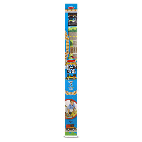 Round the Rails Train Rug in packaging showing colorful railroad tracks and three wooden train cars.