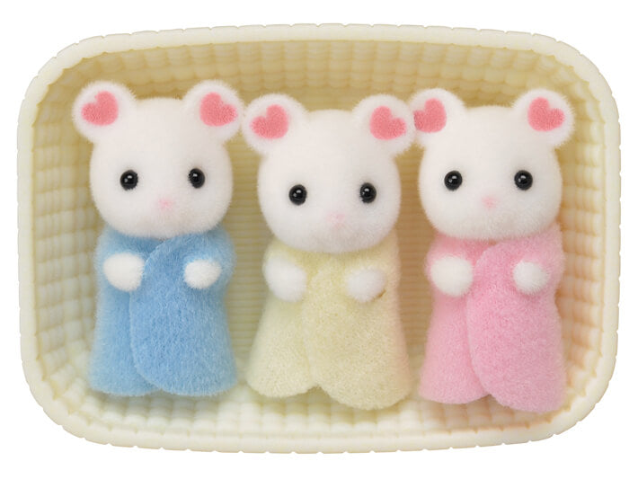 Marshmallow Mouse Triplets featuring three cradled babies in blue, yellow, and pink outfits with heart-patterned ears.
