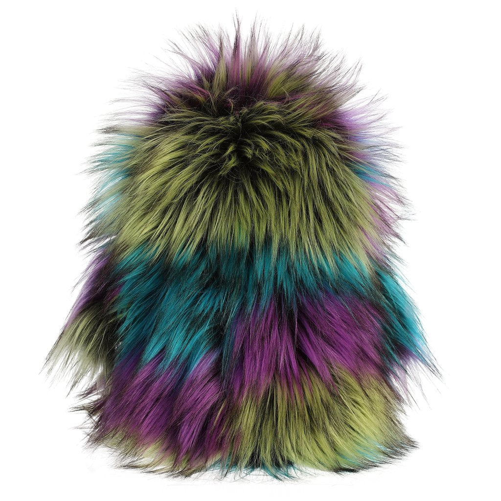Owl Eden plush with dark purple, teal, black, and yellow fur, fluffy wings, and cute round eyes, 10 inches tall.