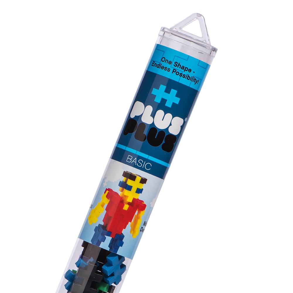 Plus Plus Basic 70pc container with colorful interlocking bricks and pixel-style figure design on packaging.