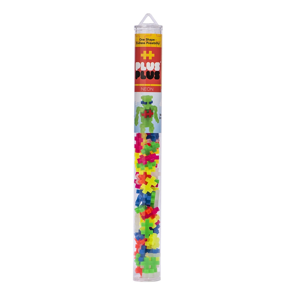 Plus Plus Neon 70pc tube with colorful interlocking bricks for creative flat mosaic and 3D designs, BPA-free and portable.